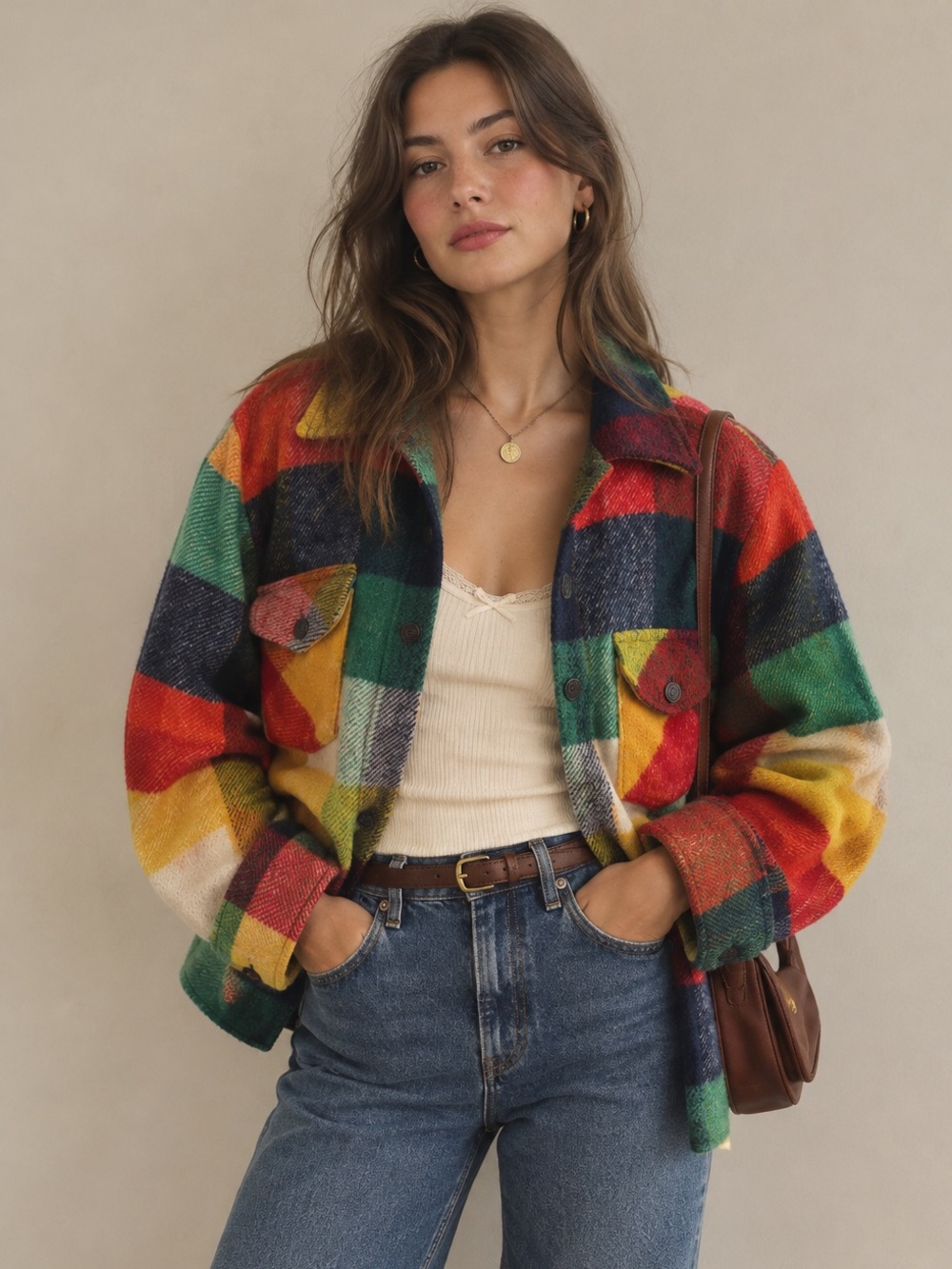 Multicolor Check Wool Vintage Sweater Jacket - Women's Small